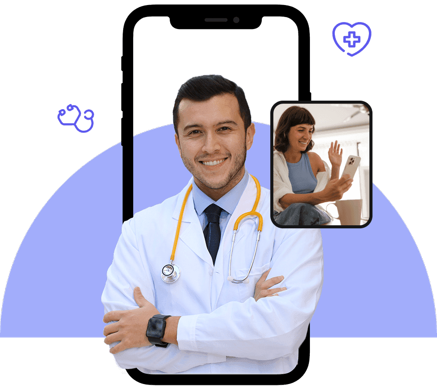 Doctor con brazos cruzados delante de un celular